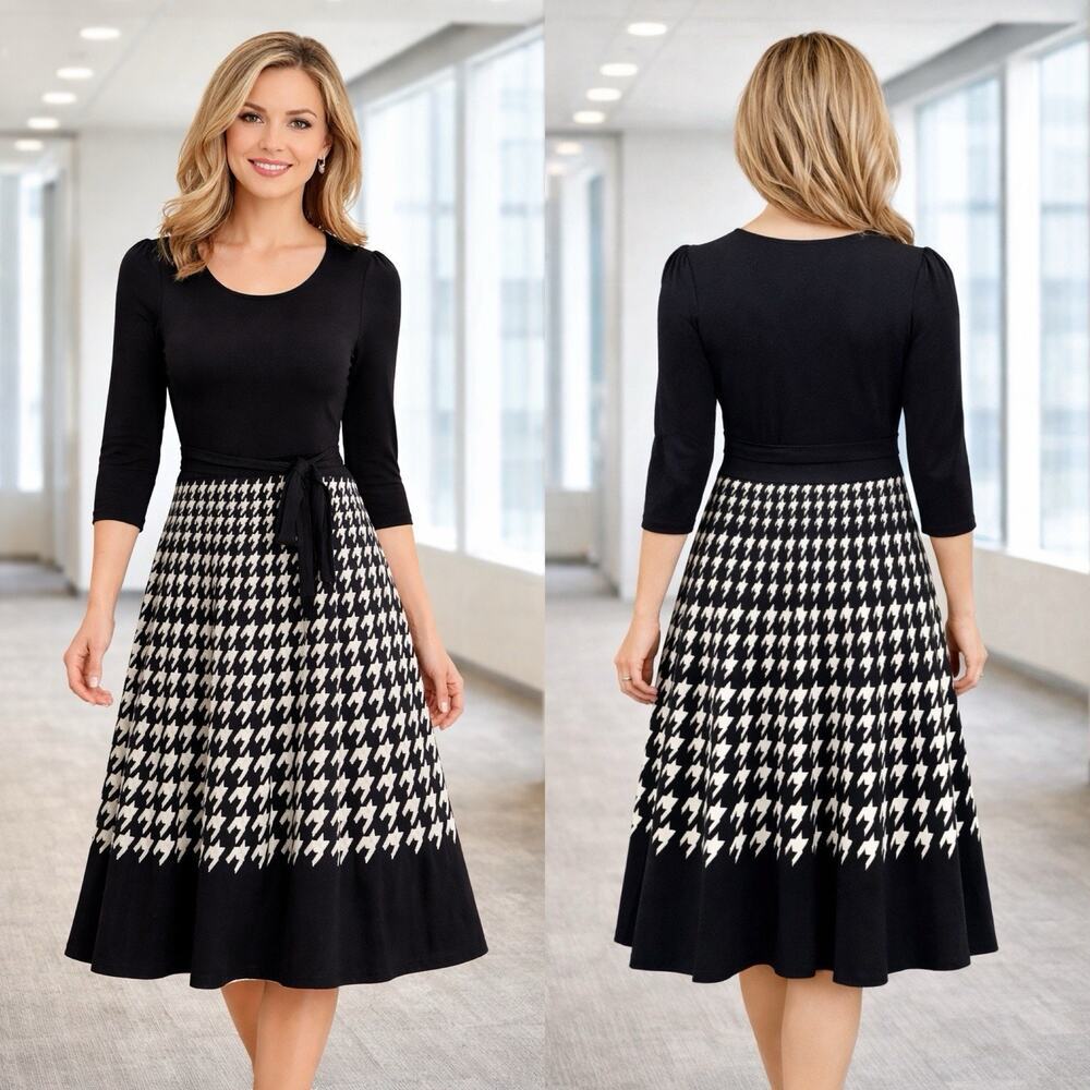 Danny And Nicole Black Ivory Houndstooth Fit‎ Flare Dress L Tie Waist Career